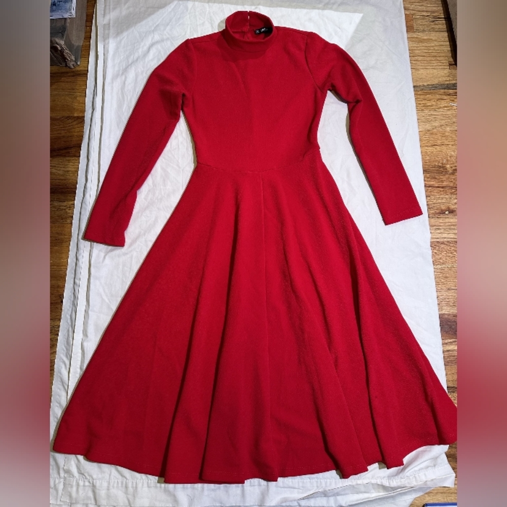 Fit and Flare Red Turtle Long Sleeve Dress